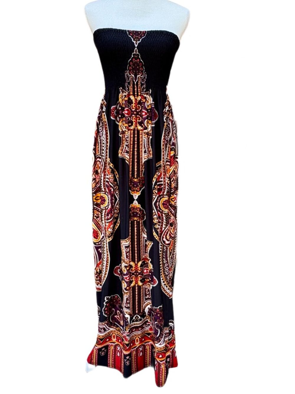 Strapless Smocked Maxi Dress XL Black Multi Abstract Boho Print Cristina Love